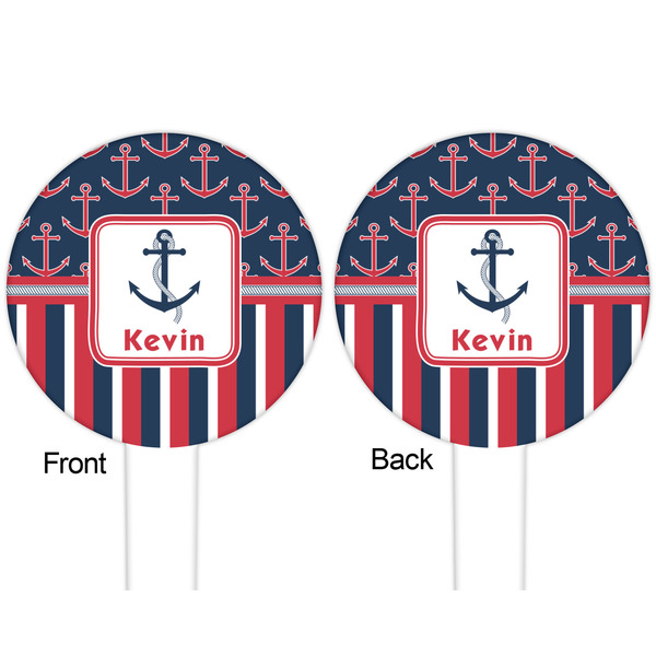 Nautical Anchors & Stripes White Plastic 6" Food Pick - Round - Double Sided - Front & Back