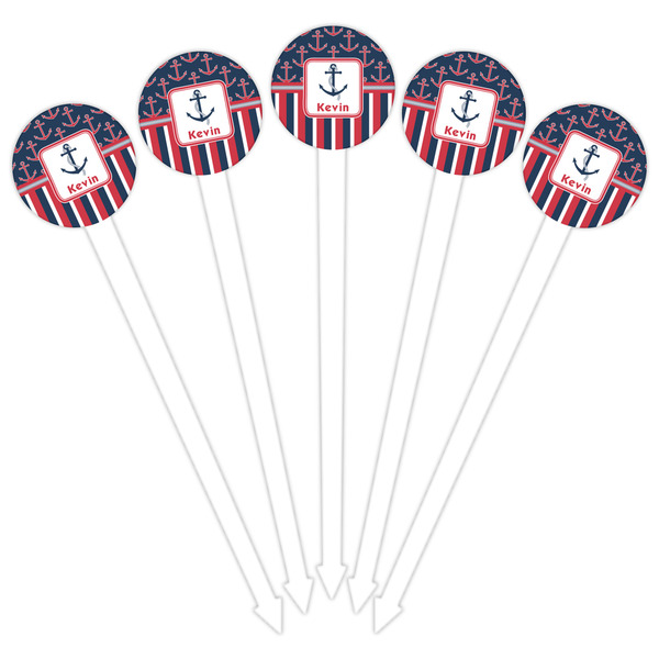 Nautical Anchors & Stripes White Plastic 6" Food Pick - Round - Fan View