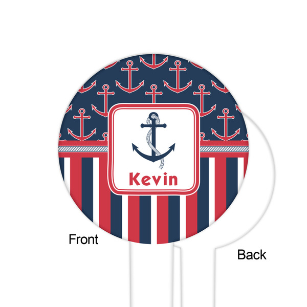 Nautical Anchors & Stripes White Plastic 6" Food Pick - Round - Single Sided - Front & Back