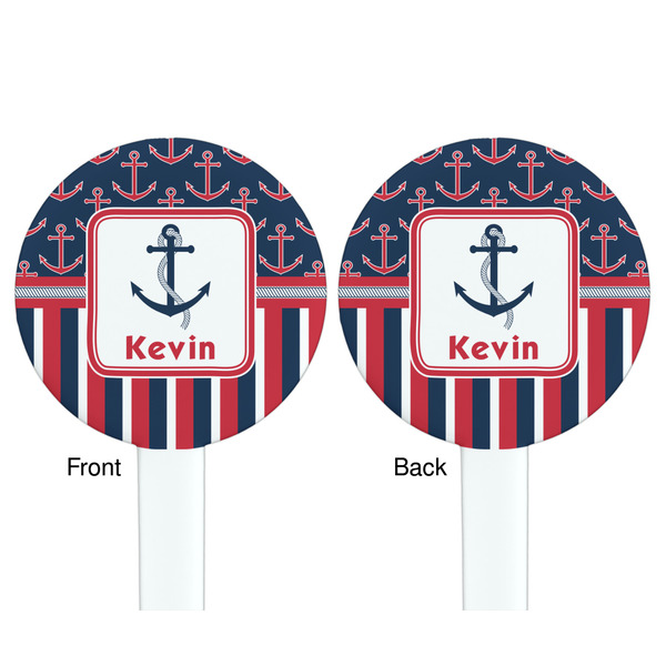Nautical Anchors & Stripes White Plastic 7" Stir Stick - Double Sided - Round - Front & Back