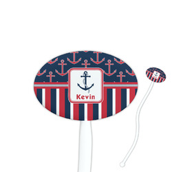 Nautical Anchors & Stripes 7" Oval Plastic Stir Sticks - White - Single Sided (Personalized)
