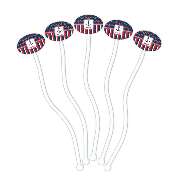 Nautical Anchors & Stripes White Plastic 7" Stir Stick - Oval - Fan
