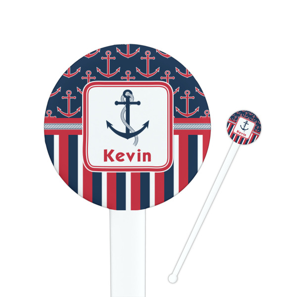 Custom Nautical Anchors & Stripes 7" Round Plastic Stir Sticks - White - Single Sided (Personalized)