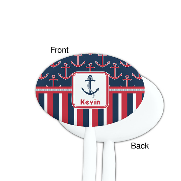 Nautical Anchors & Stripes White Plastic 7" Stir Stick - Single Sided - Oval - Front & Back