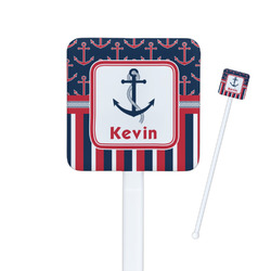 Nautical Anchors & Stripes Square Plastic Stir Sticks - Single Sided (Personalized)