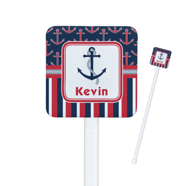 Custom Nautical Anchors & Stripes Square Plastic Stir Sticks - Single Sided (Personalized)