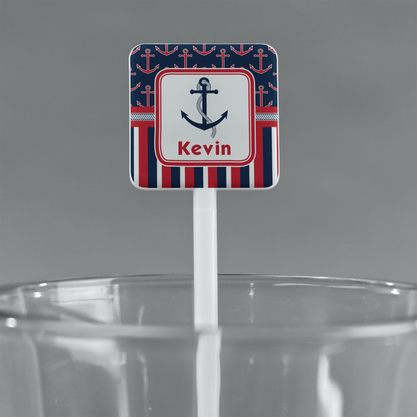 Nautical Anchors & Stripes White Plastic Stir Stick - Square - Main