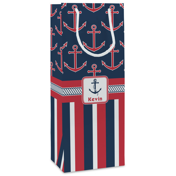 Custom Nautical Anchors & Stripes Wine Gift Bags - Matte (Personalized)