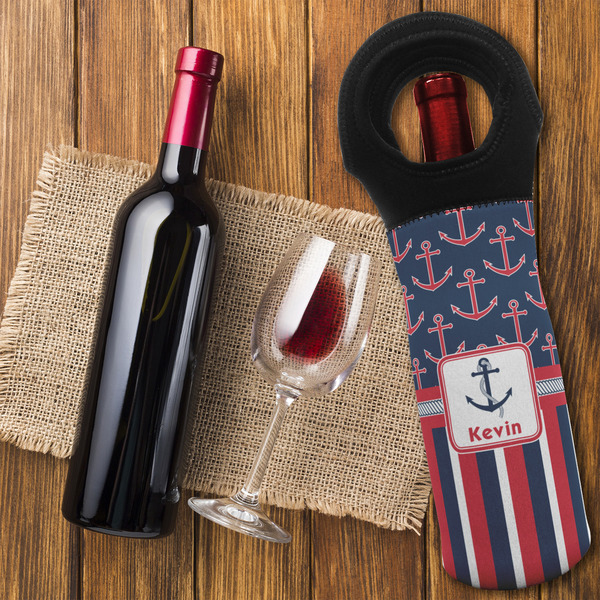 Nautical Anchors & Stripes Wine Tote Bag - FLATLAY