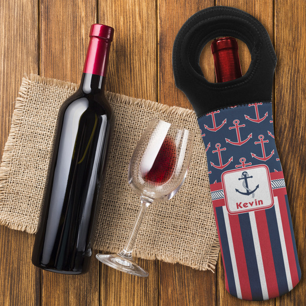 Nautical Anchors & Stripes Wine Tote Bag - FLATLAY