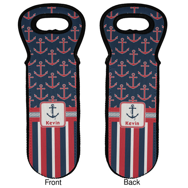 Nautical Anchors & Stripes Wine Tote Front & Back