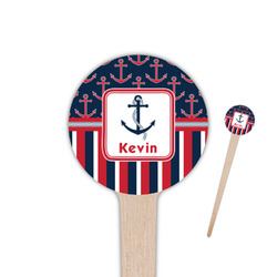 Nautical Anchors & Stripes 4" Round Wooden Food Picks - Single Sided (Personalized)