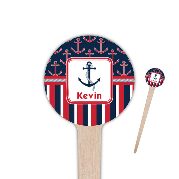 Custom Nautical Anchors & Stripes 4" Round Wooden Food Picks - Double Sided (Personalized)