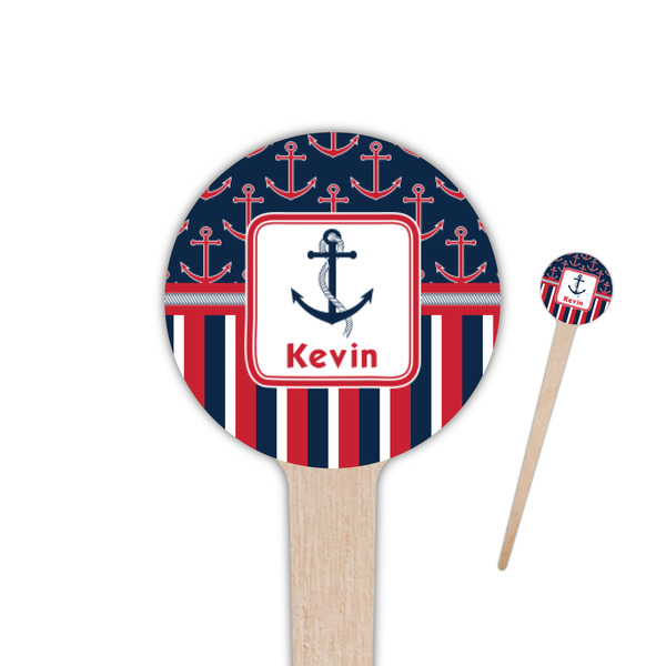 Custom Nautical Anchors & Stripes 4" Round Wooden Food Picks - Single Sided (Personalized)