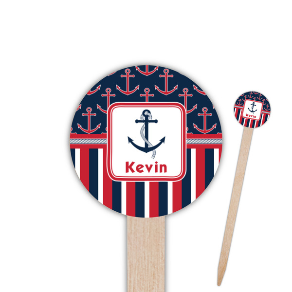 Custom Nautical Anchors & Stripes 6" Round Wooden Food Picks - Single Sided (Personalized)