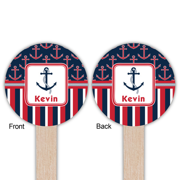 Nautical Anchors & Stripes Wooden 6" Food Pick - Round - Double Sided - Front & Back