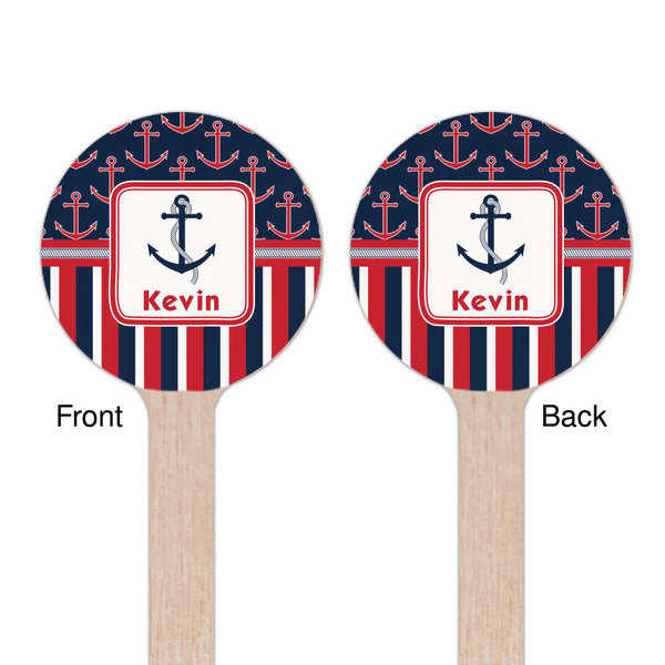 Nautical Anchors & Stripes Wooden 7.5" Stir Stick - Round - Double Sided - Front & Back