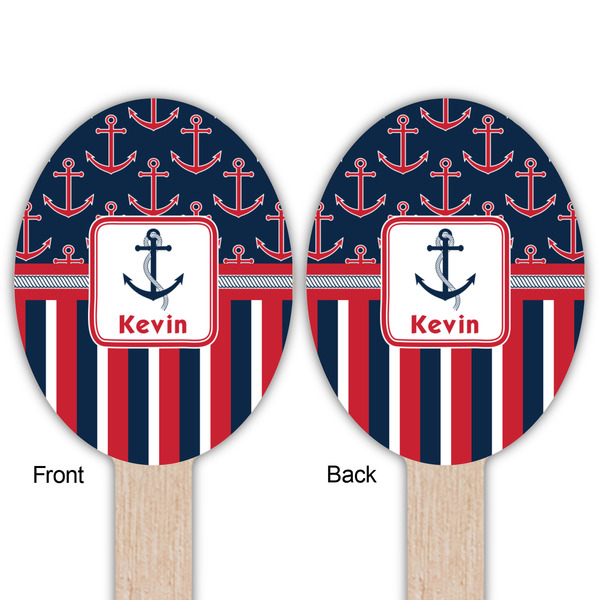 Nautical Anchors & Stripes Wooden Food Pick - Oval - Double Sided - Front & Back