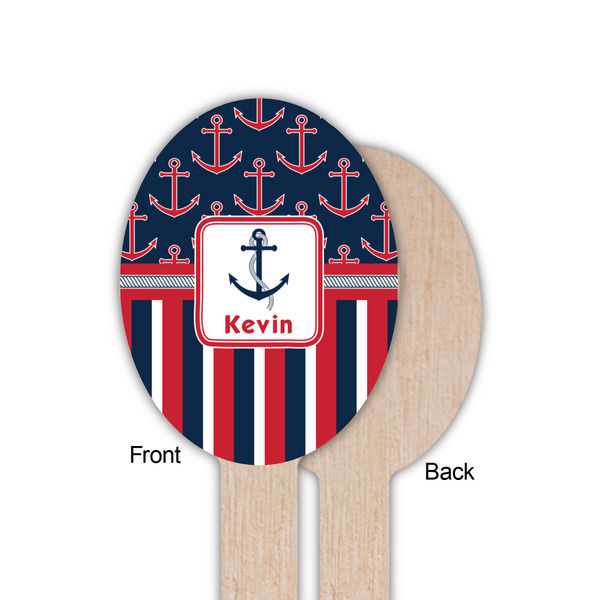Nautical Anchors & Stripes Wooden Food Pick - Oval - Single Sided - Front & Back