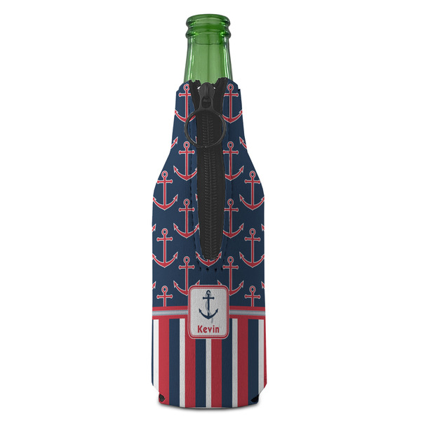 Nautical Anchors & Stripes Zipper Bottle Cooler - BACK (bottle)