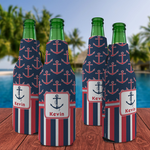 Nautical Anchors & Stripes Zipper Bottle Cooler - Set of 4 - LIFESTYLE