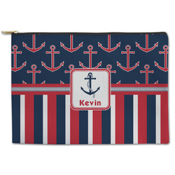Nautical Anchors & Stripes Zipper Pouch - Large - 12.5"x8.5" (Personalized)