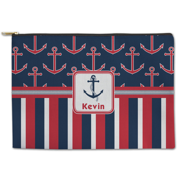 Custom Nautical Anchors & Stripes Zipper Pouch - Large - 12.5"x8.5" (Personalized)