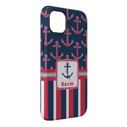 Nautical Anchors & Stripes iPhone Case - Rubber Lined - iPhone 14 Plus (Personalized)