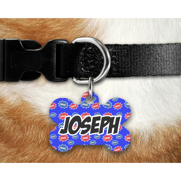 Superhero Bone Shaped Dog Tag on Collar & Dog