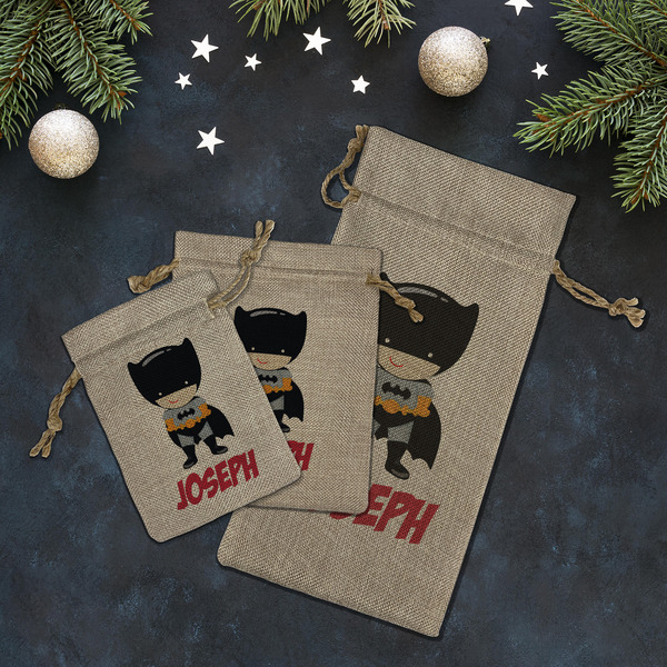 Superhero Burlap Gift Bags - LIFESTYLE (Flat lay)