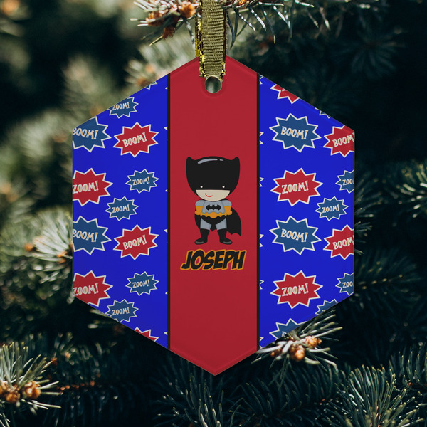 Superhero Frosted Glass Ornament - Hexagon (Lifestyle)