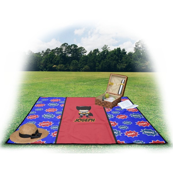 Superhero Picnic Blanket - with Basket Hat and Book - in Use