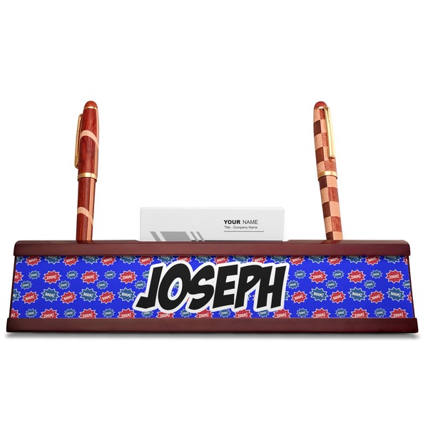 Superhero Red Mahogany Nameplates with Business Card Holder - Straight