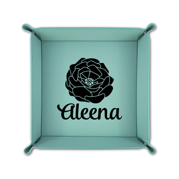 Fall Flowers 6" x 6" Teal Leatherette Snap Up Tray - FOLDED UP