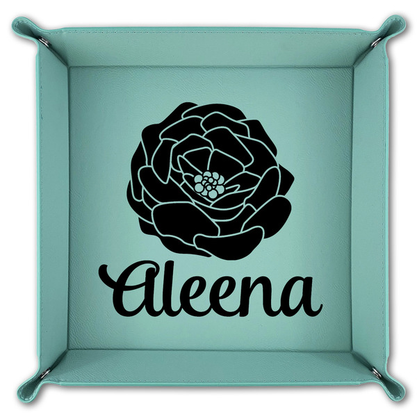 Fall Flowers 9" x 9" Teal Leatherette Snap Up Tray - FOLDED