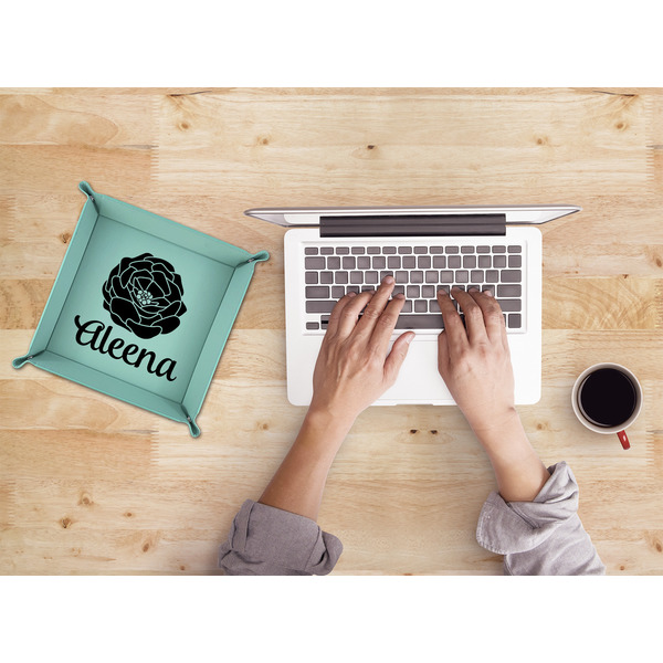 Fall Flowers 9" x 9" Teal Leatherette Snap Up Tray - LIFESTYLE