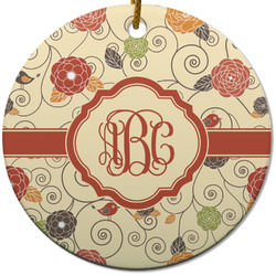 Fall Flowers Round Ceramic Ornament w/ Monogram