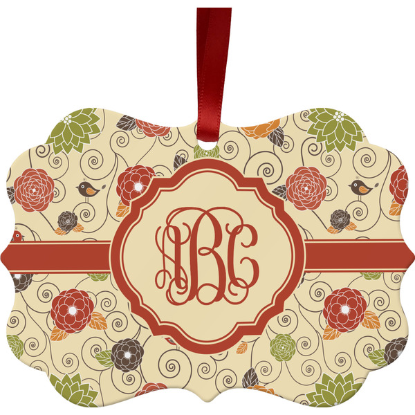 Custom Fall Flowers Metal Frame Ornament - Double Sided w/ Monogram