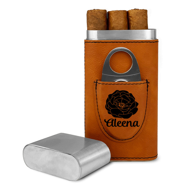 Custom Fall Flowers Cigar Case with Cutter - Rawhide (Personalized)