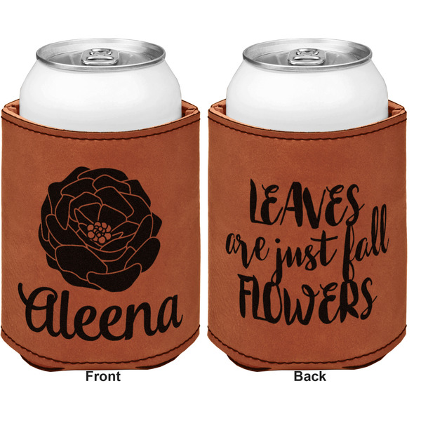 Fall Flowers Cognac Leatherette Can Sleeve - Double Sided Front and Back