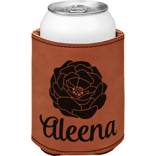 Fall Flowers Cognac Leatherette Can Sleeve - Single Front