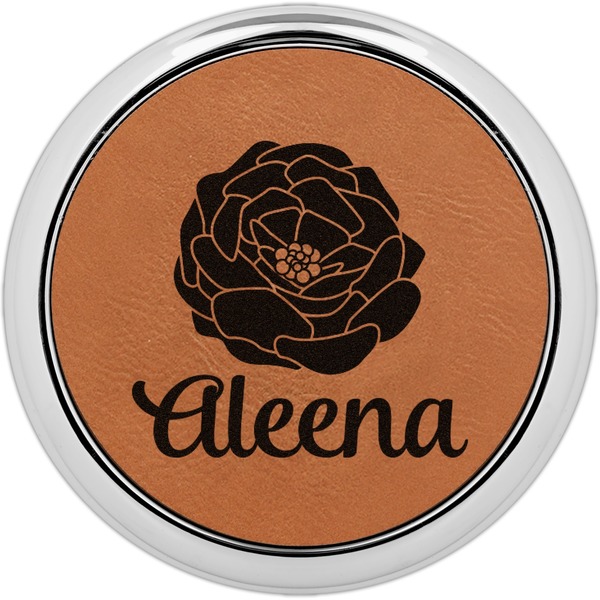 Custom Fall Flowers Leatherette Round Coaster w/ Silver Edge (Personalized)