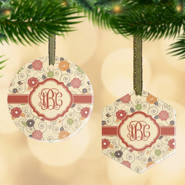 Custom Fall Flowers Flat Glass Ornament w/ Monogram