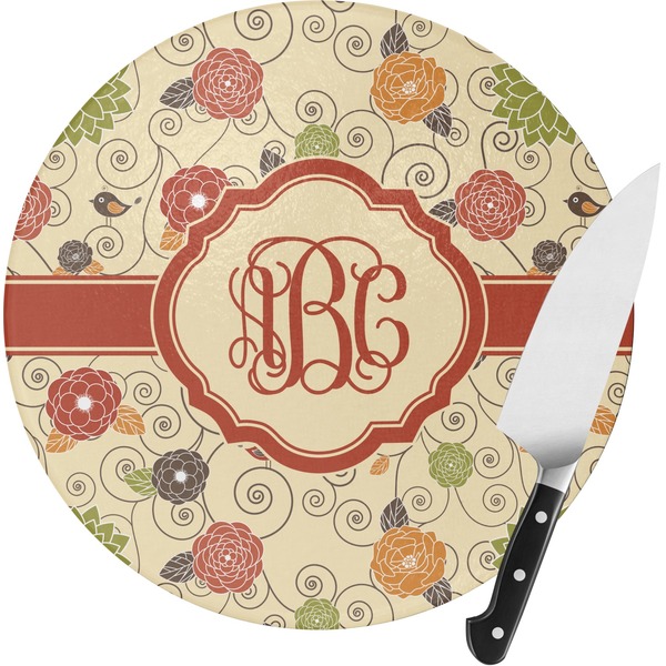 Custom Fall Flowers Round Glass Cutting Board (Personalized)