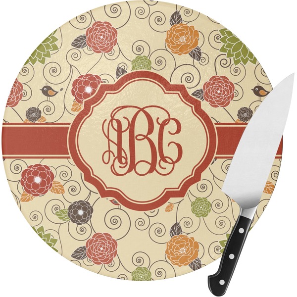 Custom Fall Flowers Round Glass Cutting Board - Medium (Personalized)