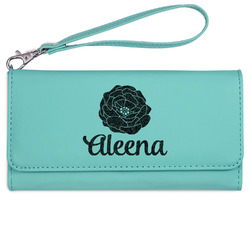 Fall Flowers Ladies Leatherette Wallet - Laser Engraved- Teal (Personalized)