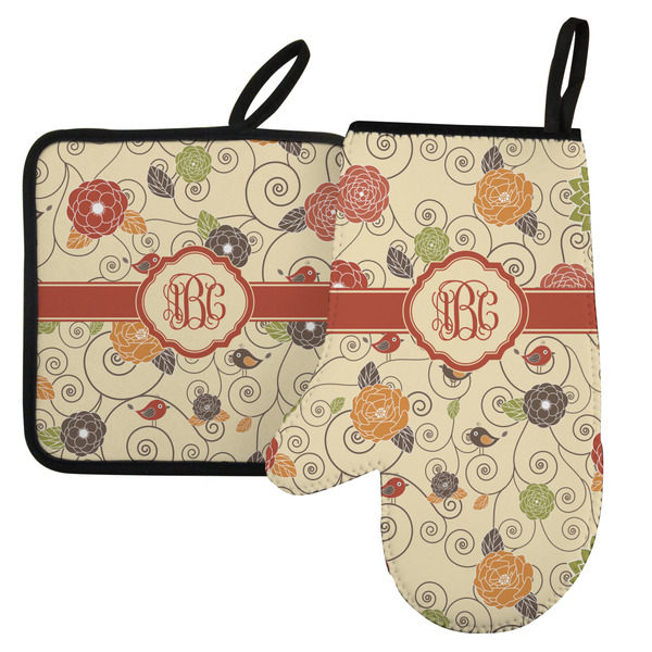 Custom Fall Flowers Left Oven Mitt & Pot Holder Set w/ Monogram