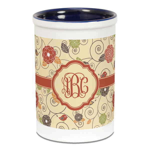 Custom Fall Flowers Ceramic Pencil Holders - Blue