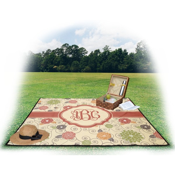 Fall Flowers Picnic Blanket - with Basket Hat and Book - in Use