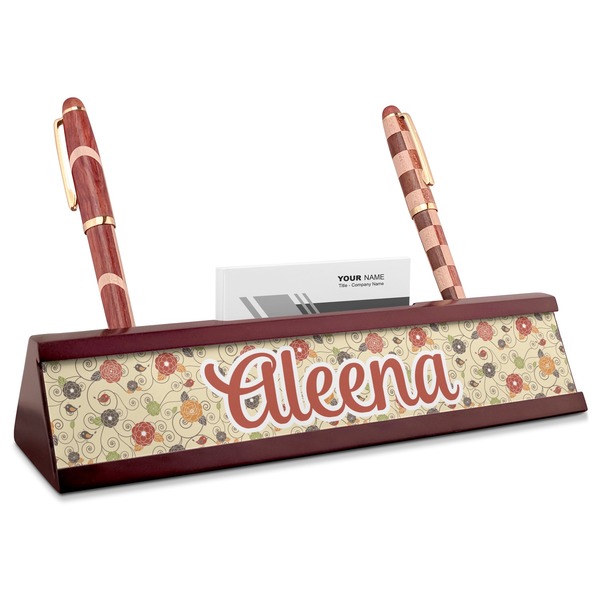 Custom Fall Flowers Red Mahogany Nameplate with Business Card Holder (Personalized)